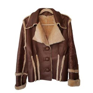 Vintage Faux Leather Fur Shearling Jacket With Beaded Embroidered Sleeve